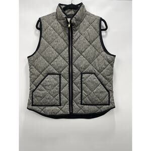 J. Crew Black Cream Herringbone Quilted Puffer Vest Pockets Front Gold Zipper